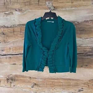 Cato Green Ruffle Trimmed Cropped 3/4 Sleeve  Cotton Cardigan Size Small